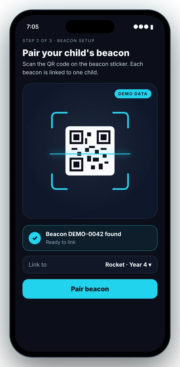 Demo beacon pairing screen scanning a QR code to link a Bluetooth beacon to a child profile (fictional demo data)