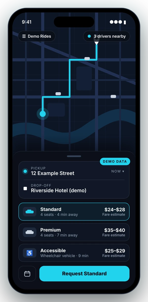 Demo rider app booking screen with map placeholder, pickup and drop-off fields, vehicle types and fare estimates (fictional demo data)