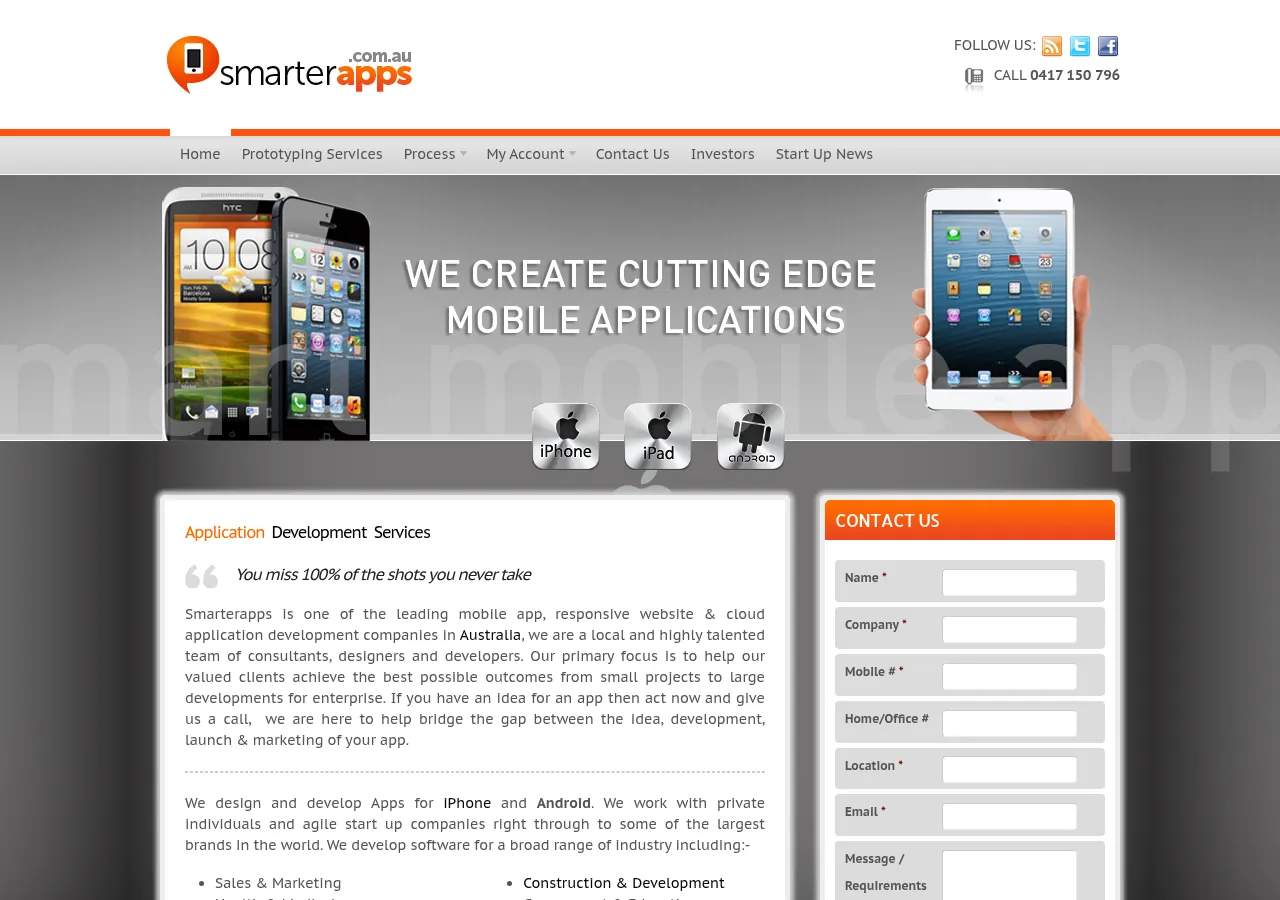 Archived Smarterapps home page showing the smarterapps.com.au logo, phones and tablets, and the headline We create cutting edge mobile applications